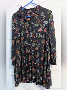 Zara Black Floral Button-Up Tunic Dress Size Medium